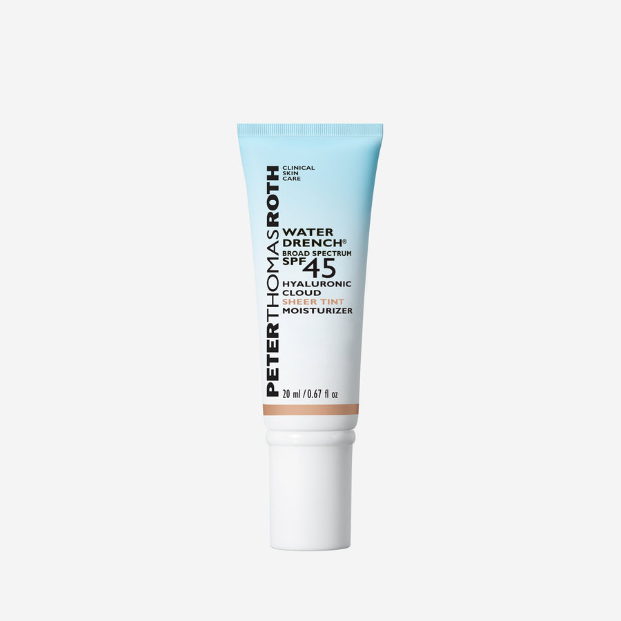 Light blue and white tube of Water Drench SPF 45 sheer tint moisturizer with white cap, 20ml size.