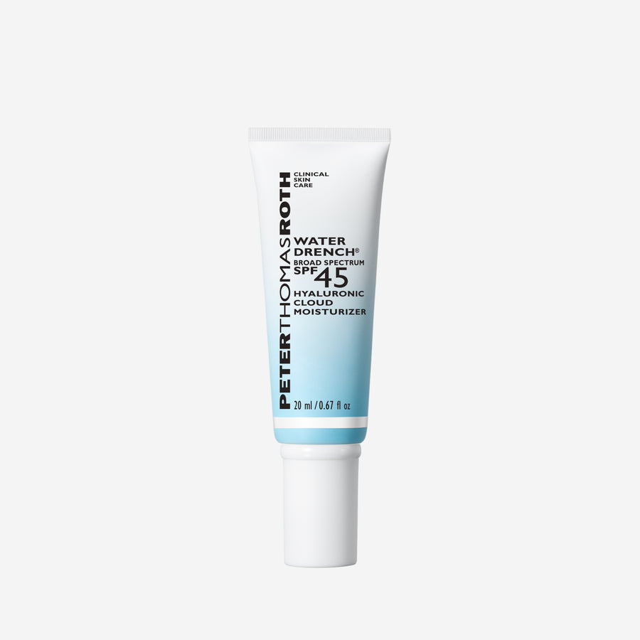 White tube with blue gradient band containing Water Drench Broad Spectrum SPF 45 Hyaluronic Cloud Moisturizer, 20ml.