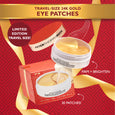 White containers with golden gel eye patches, product packaging with red and gold design, and loose gel patches displayed on 