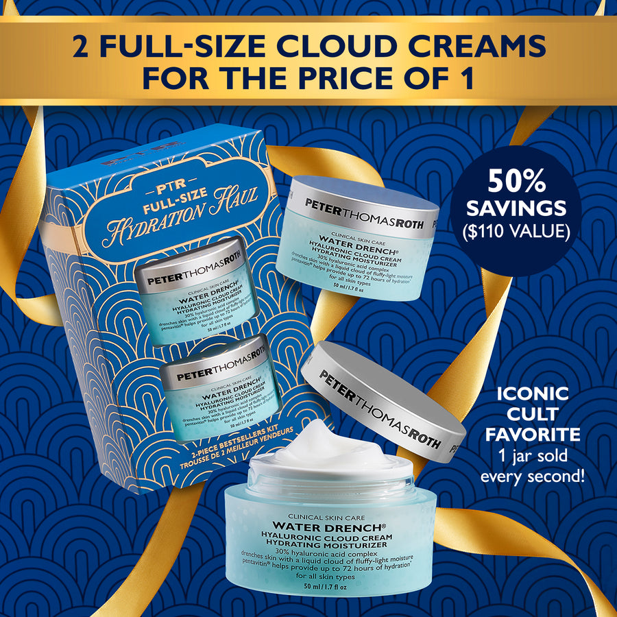 Two Peter Thomas Roth Water Drench cream jars displayed against blue patterned background with gold accents.