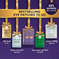 Five eye patch packets with gold bows displayed on purple background with gold stripes, including 24K Gold, Water Drench, Cuc