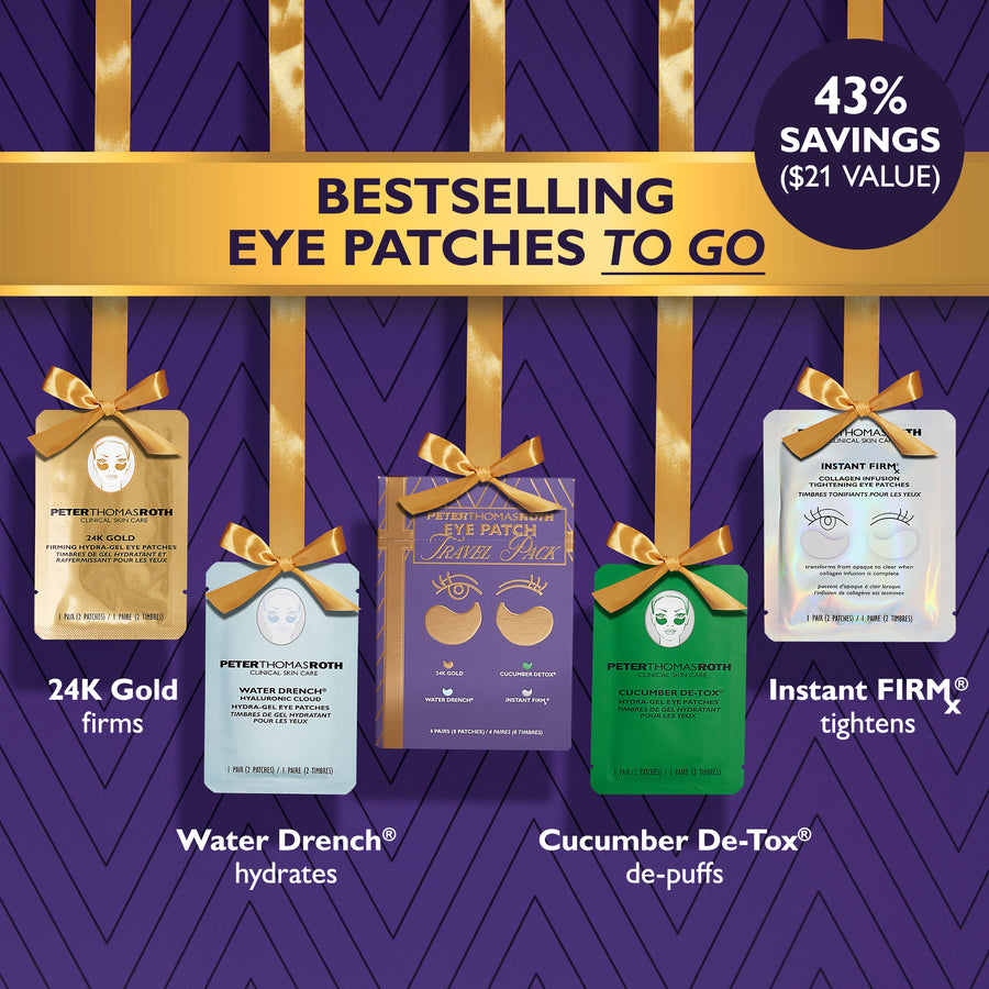 Five eye patch packets with gold bows displayed on purple background with gold stripes, including 24K Gold, Water Drench, Cuc