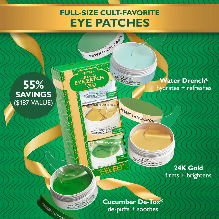 Three full-size eye patches in clear gel (green), gold, and cucumber varieties with packaging box on green patterned backgrou
