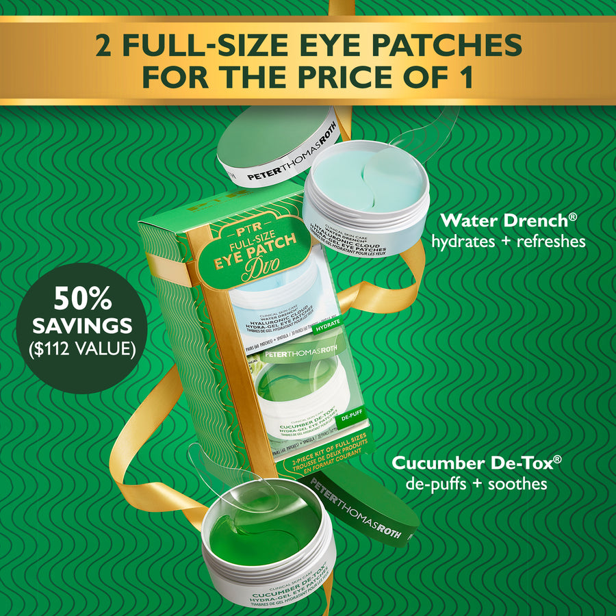 Two full-size gel eye patches in light blue and green formulas displayed with packaging on patterned green background.