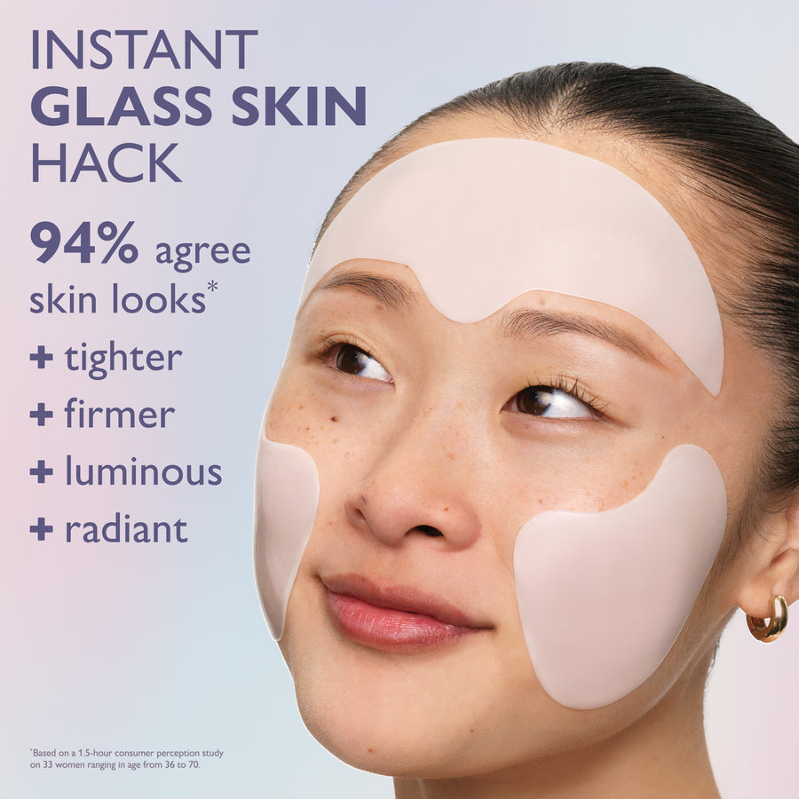 Person wearing beige collagen face patches on forehead and cheeks against a light blue background.