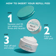 White jar labeled "Peptide Skinjection Moisture Infusion Cream Refill Pod" with teal lid shown with instructional steps on tu