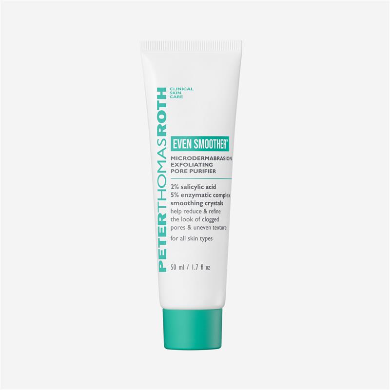 White exfoliating cream tube with teal label and cap, 50ml size.