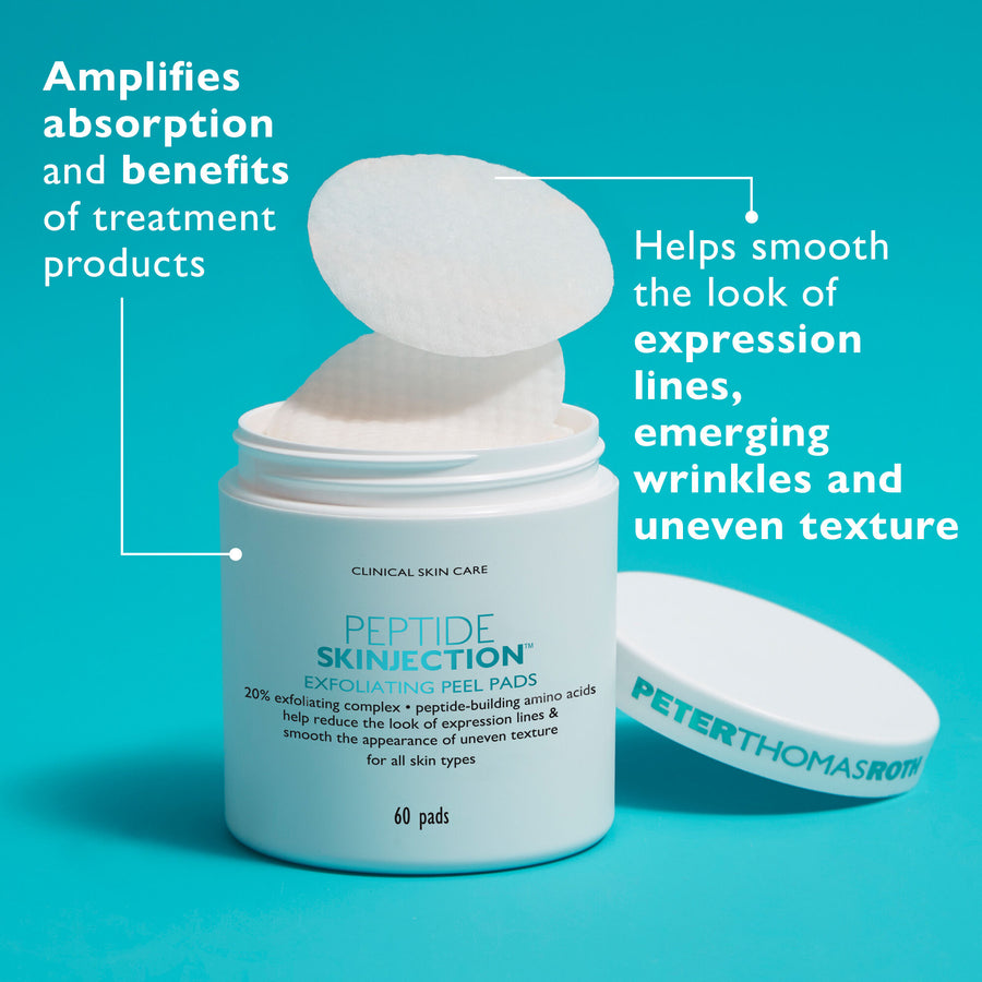 Light blue jar labeled "Peptide Skinjection Exfoliating Peel Pads" with one pad displayed on top and a white branded applicat