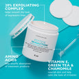 White exfoliating peel pads in a labeled jar with applicator and loose pads on turquoise background.