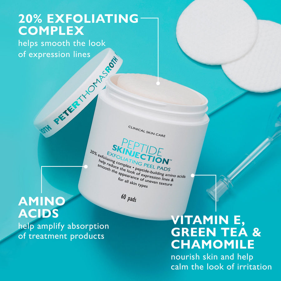 White exfoliating peel pads in a labeled jar with applicator and loose pads on turquoise background.