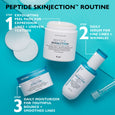 White jar labeled Peptide Skinjection Exfoliating Peel Pads containing 60 pads, displayed with two individual pads and comple