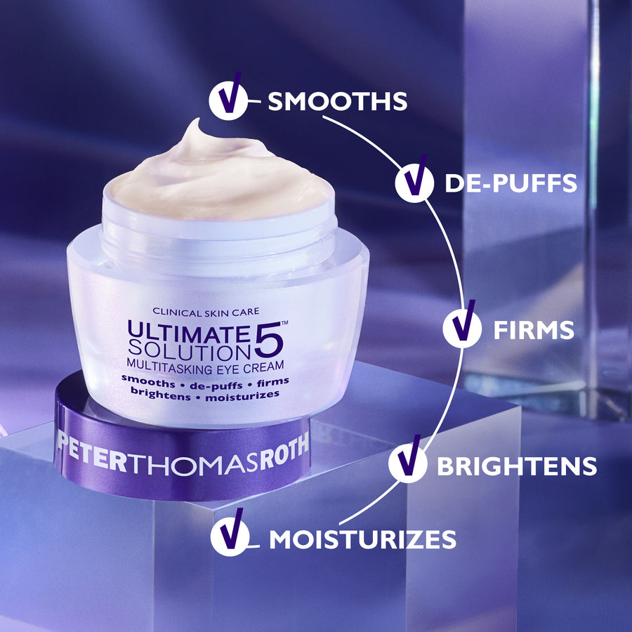 White eye cream jar with purple band labeled "Ultimate Solution 5 Multitasking Eye Cream" by Peter Thomas Roth with benefit c
