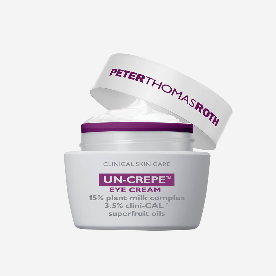 White jar of Peter Thomas Roth Un-Crepe Eye Cream with purple band and lid, containing 15ml cream.