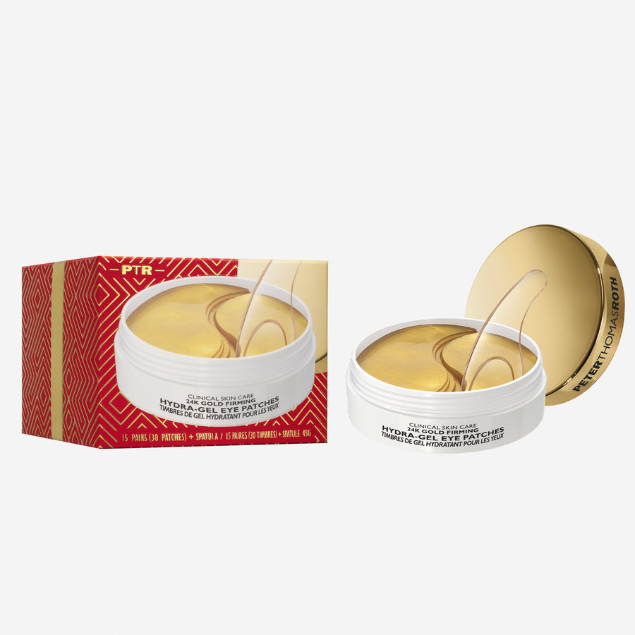 Round white and gold jar of hydra-gel eye patches with red geometric patterned box and gold lid shown separately.