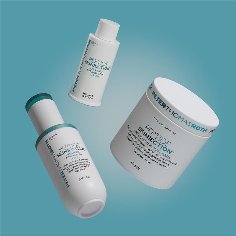 Three white skincare products labeled "Peptide Skinjection" on a blue background: a serum bottle, a liquid cleanser, and a ja