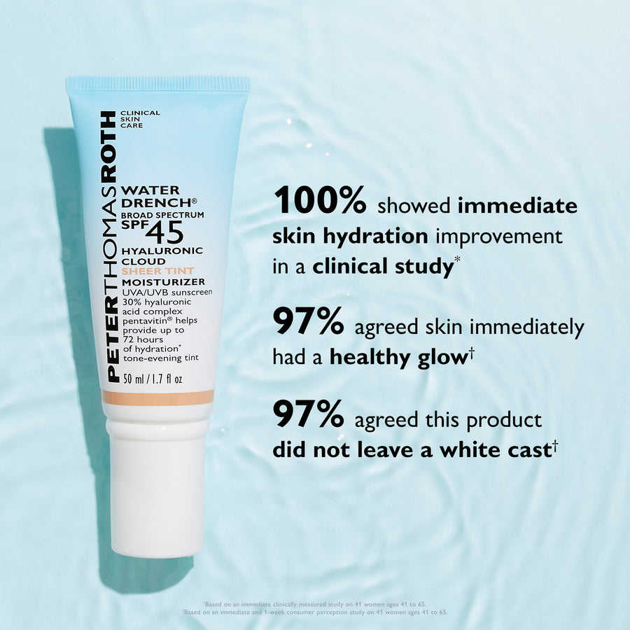 Light blue tube of Peter Thomas Roth Water Drench SPF 45 sheer tint moisturizer with white base and peach-toned tint band.