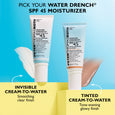 Two tubes of Water Drench SPF 45 moisturizer: clear formula and sheer tint variant, displayed on blue and yellow background.