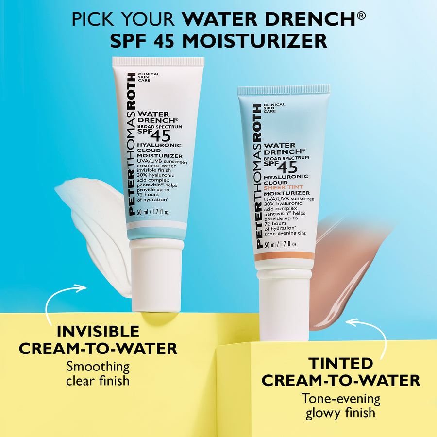 Two tubes of Water Drench SPF 45 moisturizer: clear formula and sheer tint variant, displayed on blue and yellow background.
