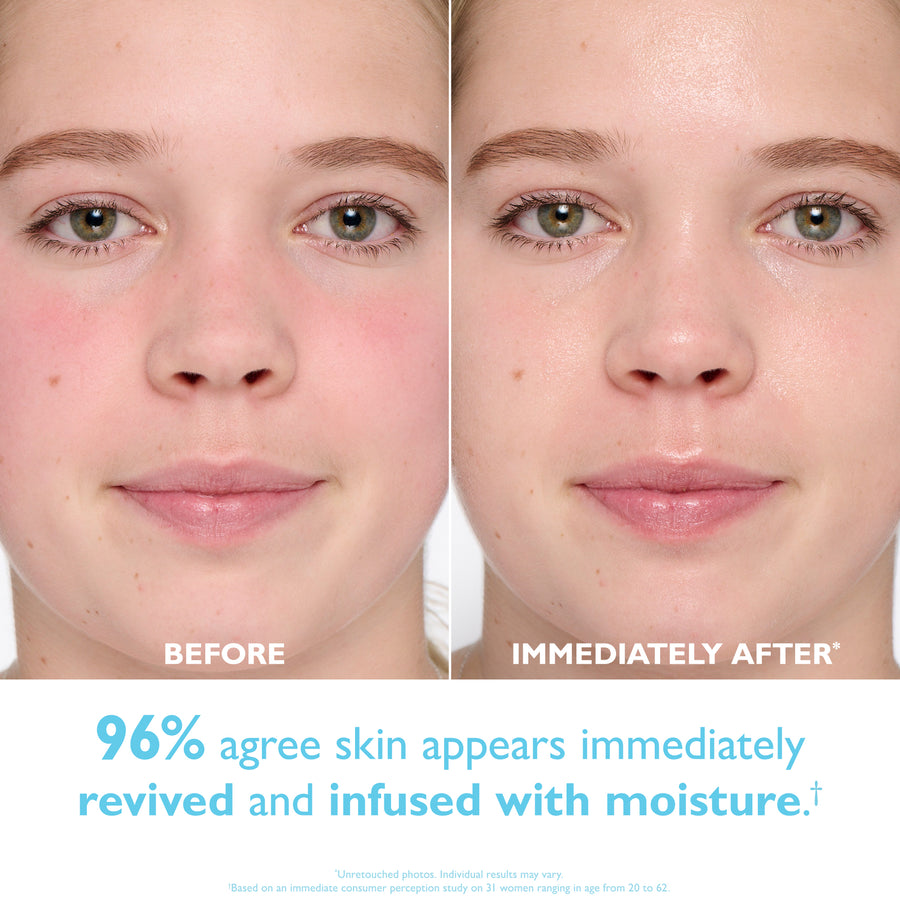 Before and after facial comparison showing skin appearance with reduced redness and increased shine on right side.
