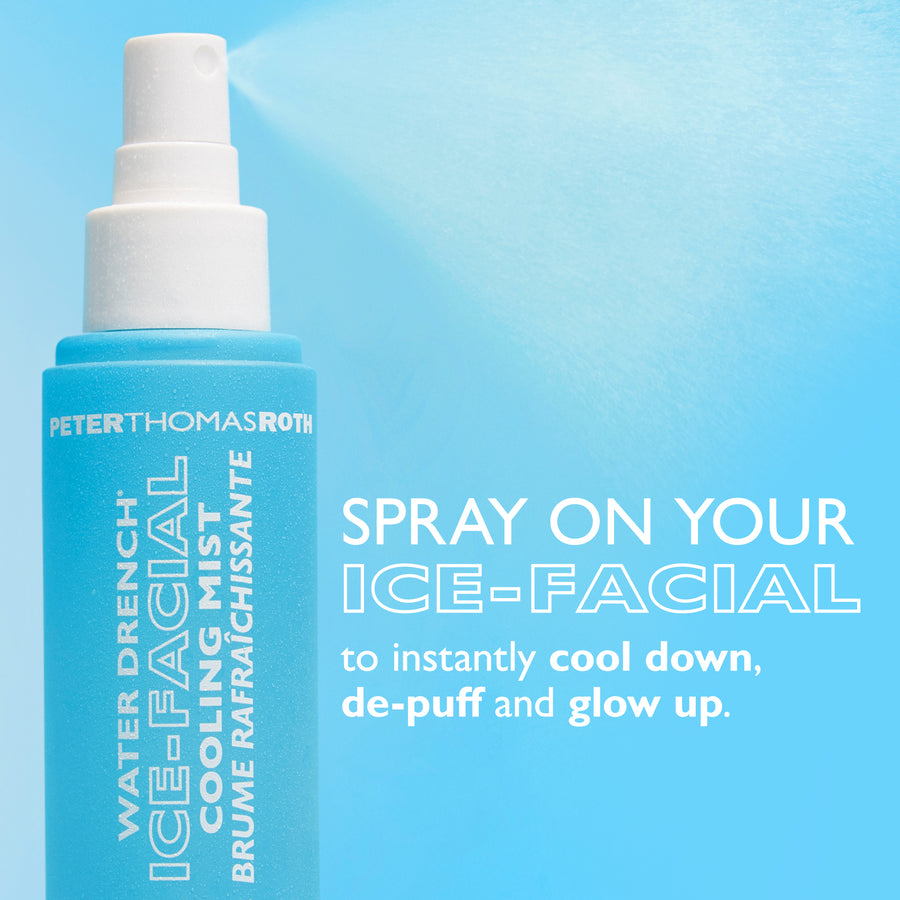 Turquoise spray bottle with white pump top and Peter Thomas Roth Water Drench Ice-Facial branding on light blue background.