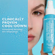 Turquoise spray bottle with white pump top displayed next to close-up of person's face showing eye and lips against blue back