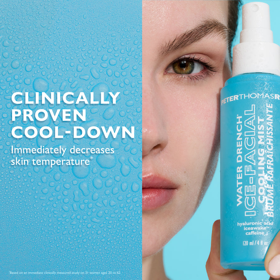 Turquoise spray bottle with white pump top displayed next to close-up of person's face showing eye and lips against blue back