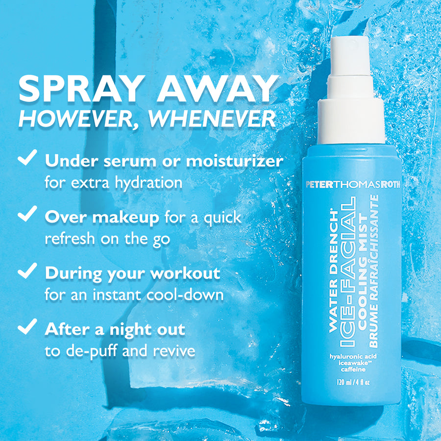 Blue spray bottle with white pump top labeled "Water Drench Ice-Facial Cooling Mist" on icy blue background.