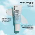 White tube of Peter Thomas Roth Water Drench SPF 45 moisturizer with blue accent band and product swatches on light blue back