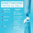 Blue tube and jar of Water Drench Hyaluronic Balm with white cream and "Dimethicone Myth vs. Fact" educational text.