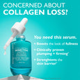 Turquoise glass bottle of Collagen Skinjection serum with white dropper on turquoise background.