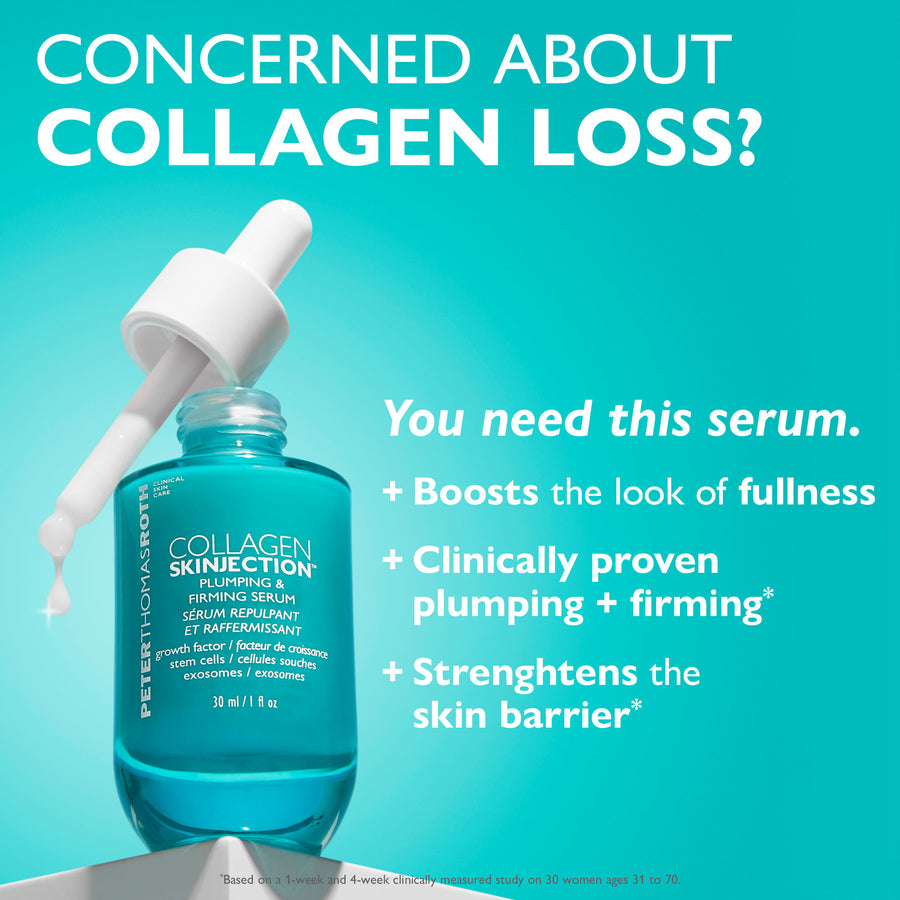 Turquoise glass bottle of Collagen Skinjection serum with white dropper on turquoise background.