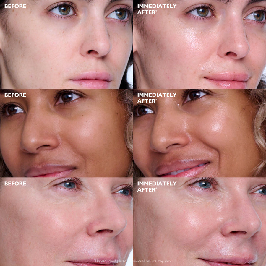 Before and after comparison of facial skin showing increased smoothness and shine on right side.