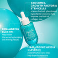 Turquoise serum bottle with white dropper cap on abstract teal background with ingredient callouts.