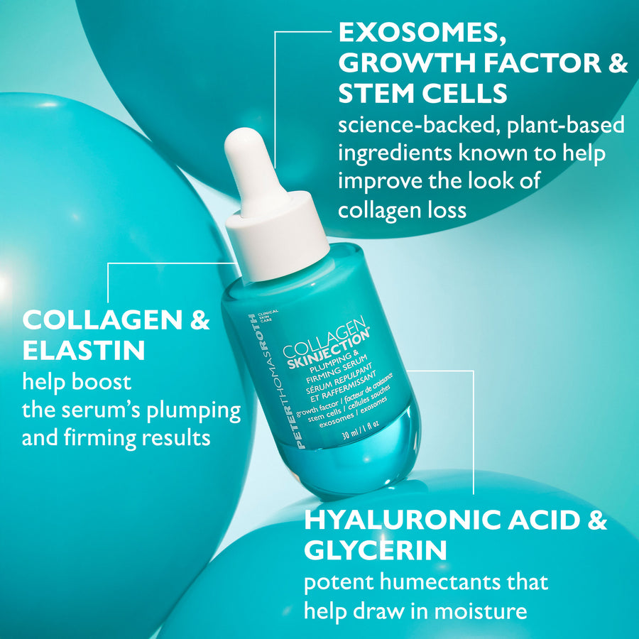 Turquoise serum bottle with white dropper cap on abstract teal background with ingredient callouts.