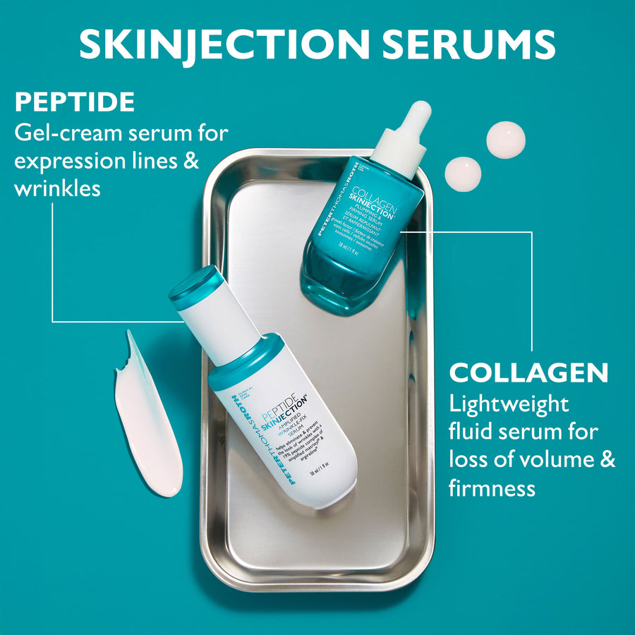Two serum bottles with dropper applicators on a metal tray against a turquoise background with product swatches.