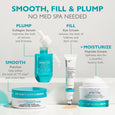 Four skincare products arranged on white surface: turquoise serum bottle, white eye cream tube, white moisturizer jar with tu