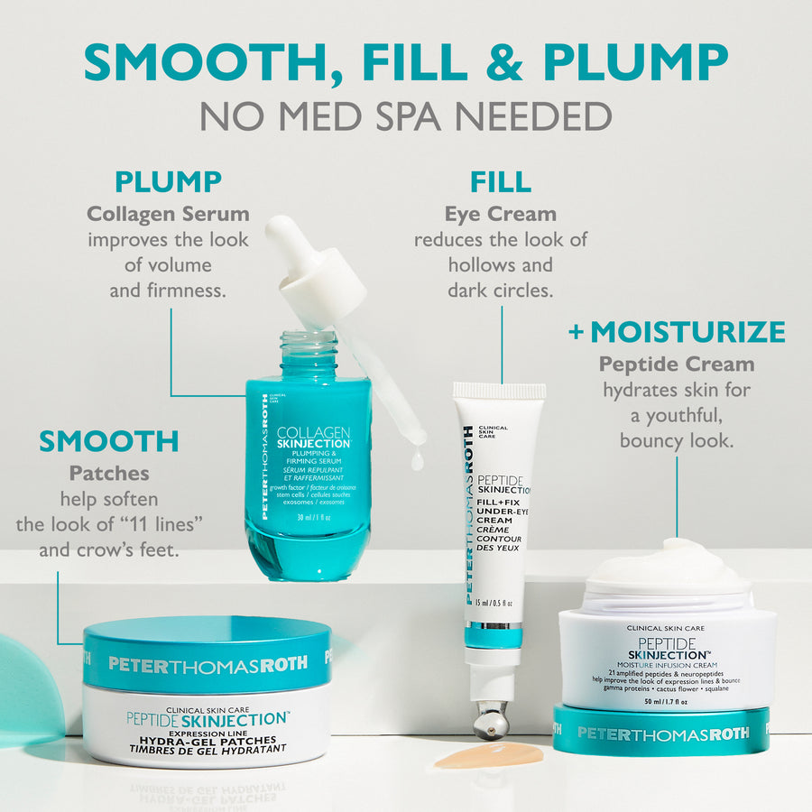 Four skincare products arranged on white surface: turquoise serum bottle, white eye cream tube, white moisturizer jar with tu