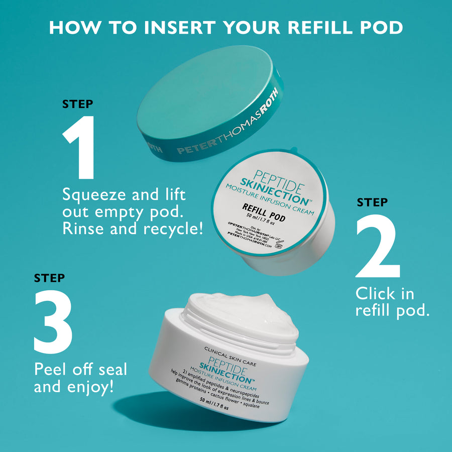 White jar with teal lid labeled "Peptide Skinjection Moisture Infusion Cream" alongside refill pod on turquoise background.