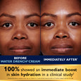 Before and after close-up of face showing skin texture and hydration with Water Drench Cream product.
