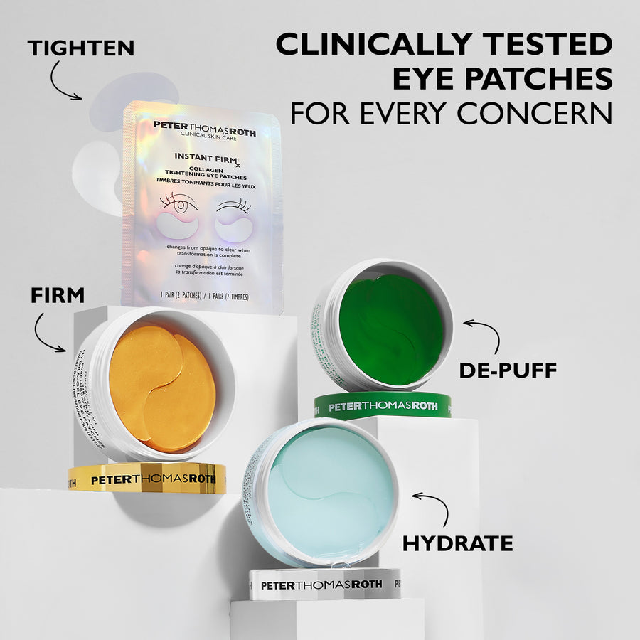 Peter Thomas Roth eye patch travel pack with three containers: gold, green, and light blue formulas.