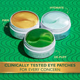 Three circular eye patch containers with gold, light blue, and green gel formulas labeled Firm, Hydrate, and De-Puff on green
