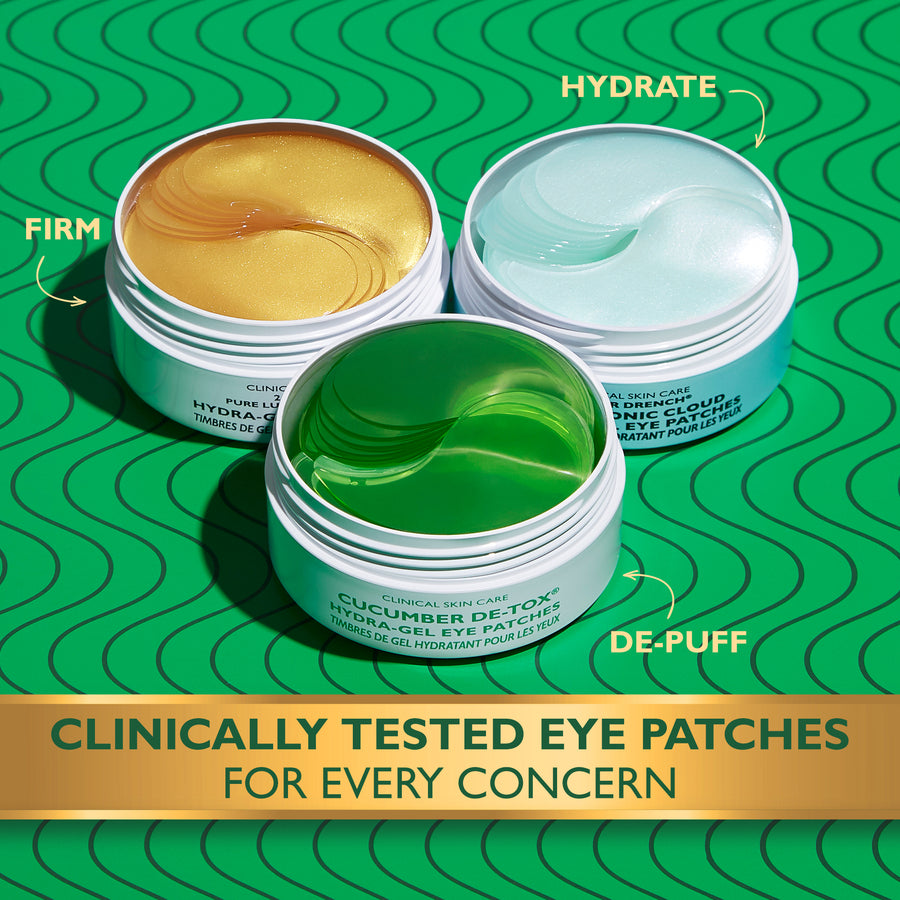 Three circular eye patch containers with gold, light blue, and green gel formulas labeled Firm, Hydrate, and De-Puff on green