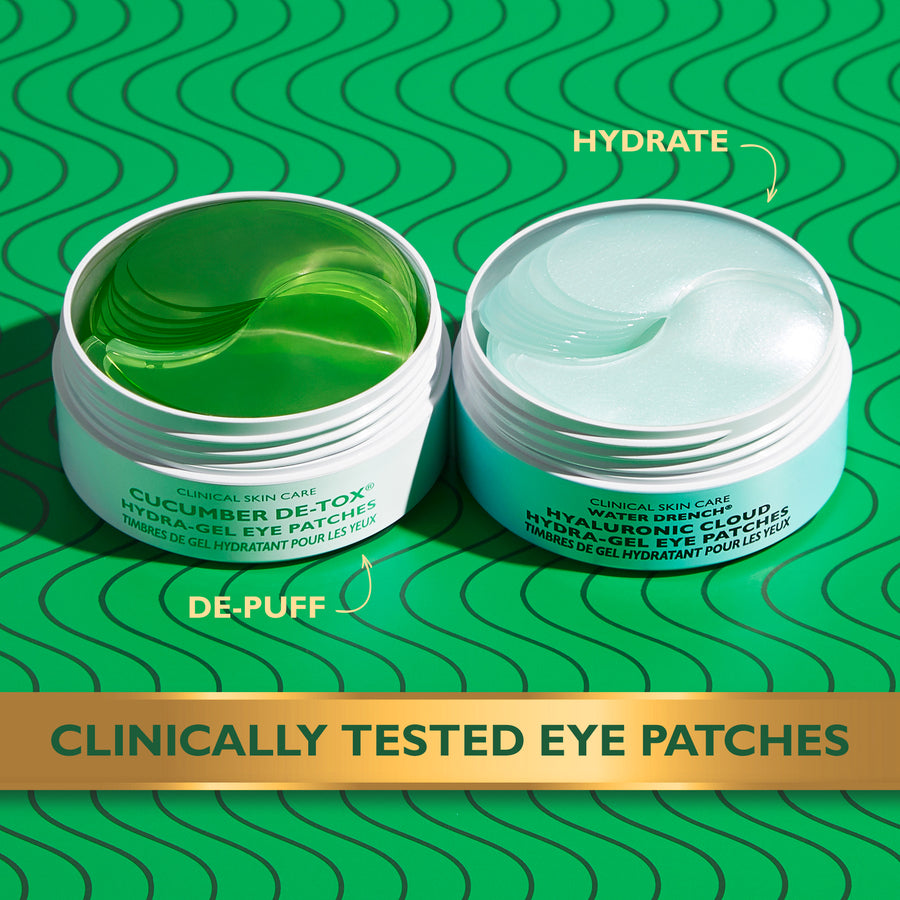 Two gel eye patches in clear containers—one with green cucumber formula labeled "De-Puff" and one with light blue hydrating f