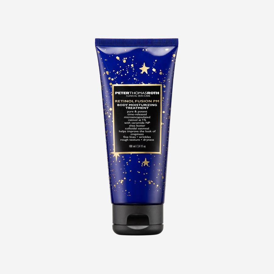 Blue tube with gold star pattern and black cap containing Retinol Fusion PM Body Moisturizing Treatment by Peter Thomas Roth.