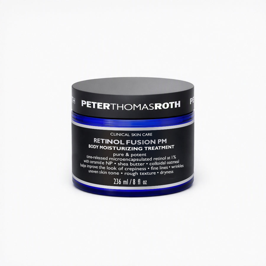 Peter Thomas Roth Retinol Fusion PM Body Moisturizing Treatment in 8 fl oz jar with black lid and blue accent band.