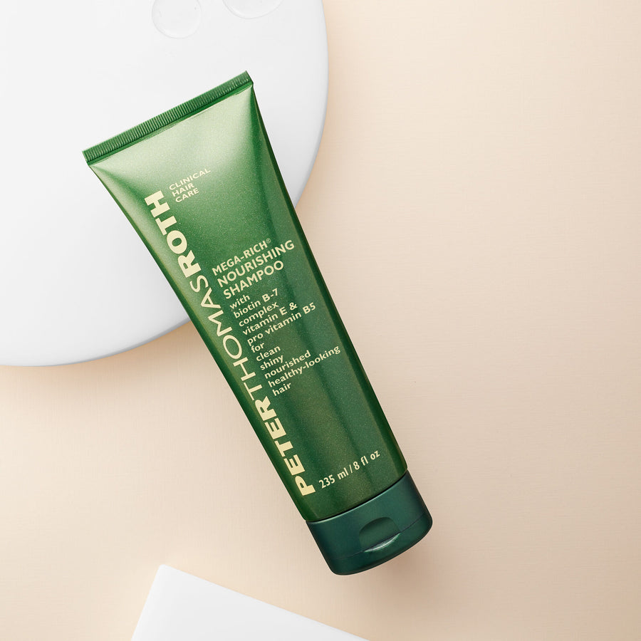 Peter Thomas Roth Mega-Rich Nourishing Shampoo in green tube, 8 fl oz size.