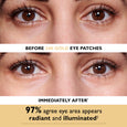 Close-up of brown eyes before and after applying 24K gold eye patches, showing reduced under-eye appearance.