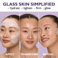Translucent facial patches applied to forehead and under-eye areas in three stages: application, transformation, and reveal o