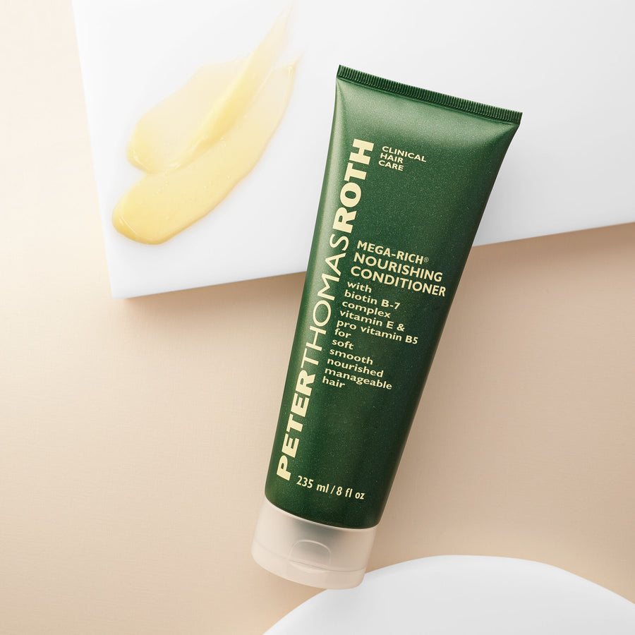Green tube of Peter Thomas Roth Mega-Rich Nourishing Conditioner with pale yellow product swatch above.