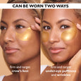 Gold-toned hydra-gel eye patches applied under eyes and on temples, shown two ways on a woman's face.